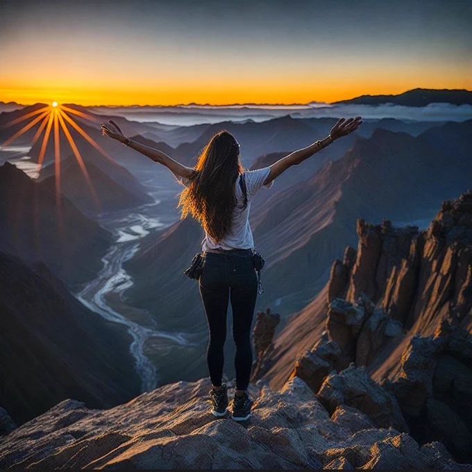 A woman standing on a mountaintop, arms outstretched, with a glorious sunrise in the background --ar 16:9 --5 750