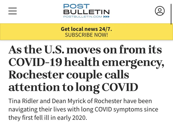 Post bulletin: As the U.S. moves on from its COVID-19 health emergency, Rochester couple calls attention to long COVID
Tina Ridler and Dean Myrick of Rochester have been navigating their lives with long COVID symptoms since they first fell ill in early 2020