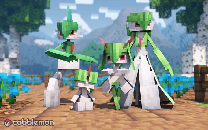 Ralts, Kirlia, Gardevoir, and Gallade in a garden of flowers