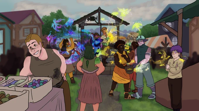 A drawn market with some characters. A lady with blond hair wearing a brown vest as well as a figure with purple hair and a longsleeve tunic standing watch. Another figure has green hair and a sleeveless short jacket and pink skirt watching the performers
A group in middle right, tallest has pale blue hair, small deep blue horns and markings, wearing a dark blue turtleneck vest, giving money to the figure to the left, who has coilly dark brown hair wearing a yellow cropped vest and a multi-yellow skirt
A guy near them, watching the performance in a hooded red vest with dark red hair. A lady is wearing a brown vest with a skirt, she has brown hair and horns
The last watcher has red-brown hair and a blue vest. Performer on the left has brown curly hair and a dark blue turtleneck vest and long gloves making watery magic as sea-shapes with bits of magenta.
Right performer wears a pale gold, longsleeve and has blond hair. He is making gold and white sparkly magic in bird and fish shapes