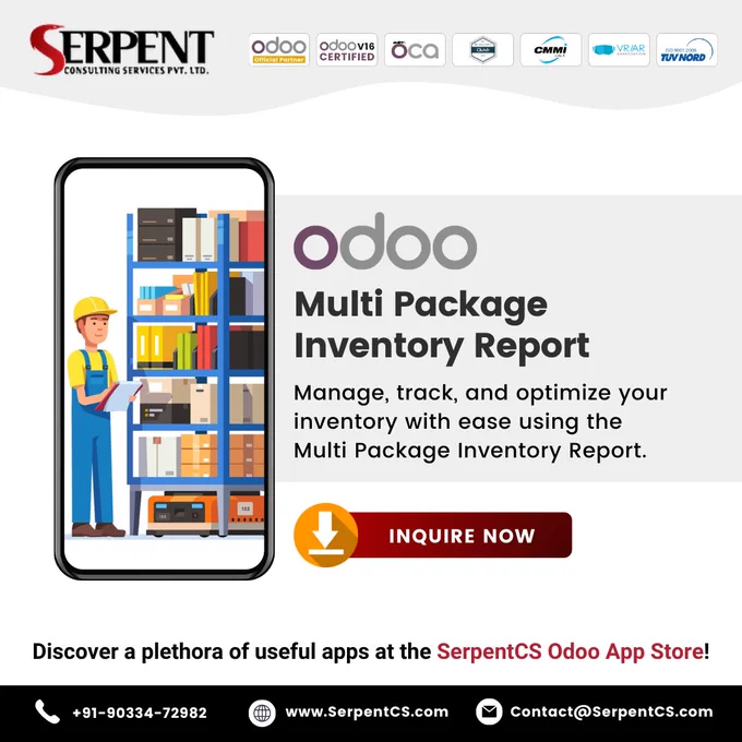 SCS Multi-Package Inventory: the Ultimate Solution for Complex Packaging Management!

SCS Multi-Package Inventory Odoo module designed to enhance inventory management operatins offering a comprehensive solution for businesses that deal with multiple packages within their inventory. It enables you to create multiple packages for a single product, defining their quantities and associated units with flexibility enabling accurate inventory management, especially when dealing with complex supply chains or multi-level packaging.

🛒 Buy Now:
https://bit.ly/app-v16-Multi-Package-Inventory-Report

📧 For any query:
contact@serpentcs.com

#odoo #multipackagemanagement #InventoryManagement #SupplyChainSolutions #WarehouseManagement #InventoryControl #StockManagement #LogisticsSolutions #InventoryOptimization #InventorySoftware #InventoryAutomation

