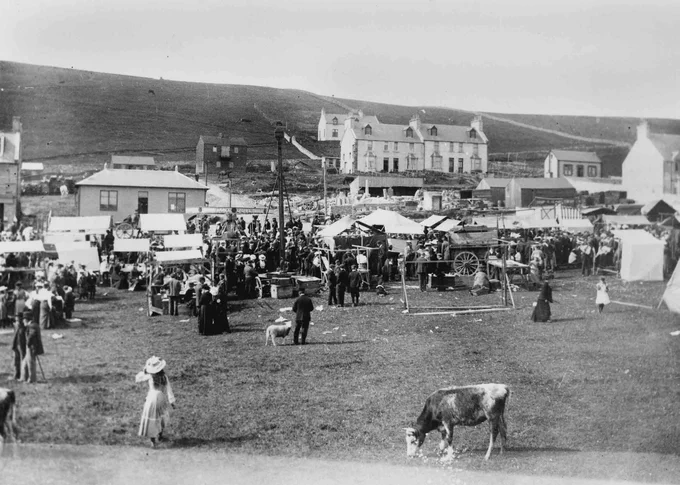 An undated black and white photograph of a Stromness market