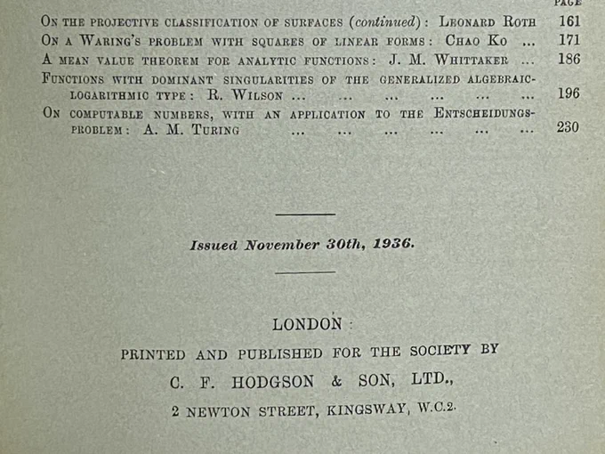 Close-up photo of title page of Nov. 30, 1936 issue of Proceedings of the London Mathematical Society showing article by A. M Turing “On Computable Numbers”
