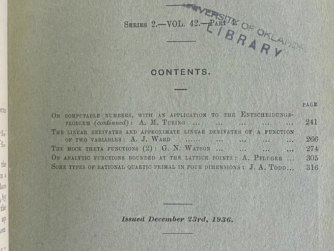 Close-up photo of title page of Dec. 23, 1936 issue of Proceedings of the London Mathematical Society  showing article by A. M Turing “On Computable Numbers”
