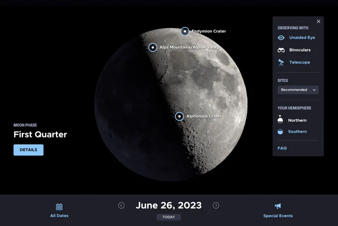 Screenshot of an application, Daily Moon Guide. An image of a first-quarter moon is on black, with dots on the Moon identifying locations to observe today. The right half of the Moon is lit and the left half is dark. On the right side of the screen, a range of options offers users to tailor their viewing experience. The date at the bottom says June 26, 2023. 
