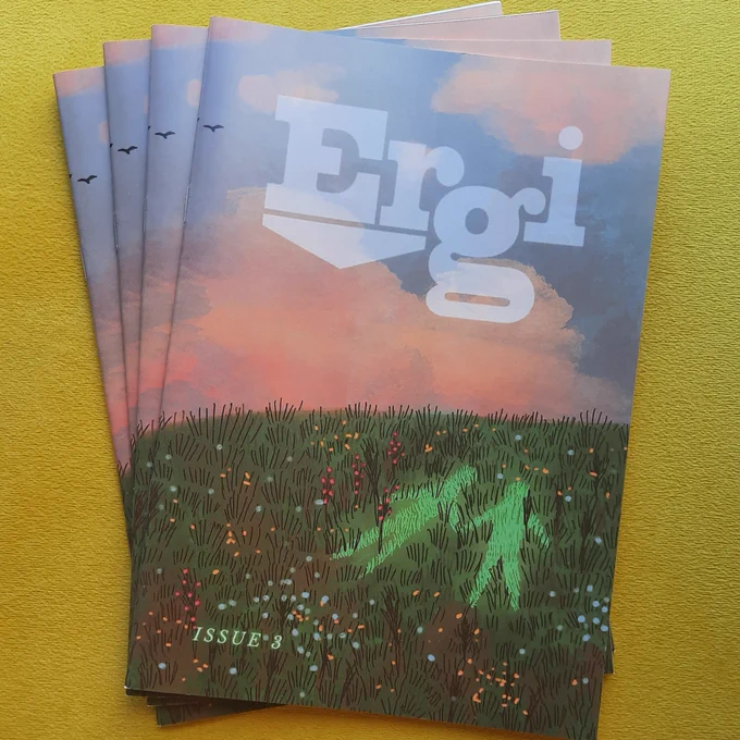 Ergi Press zine issue 3 stack against a yellow background