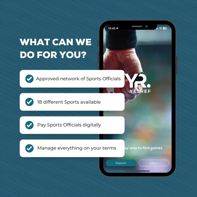 An overview of what the YesRef app offers a Sports Organisation, such as finding/paying Sports Officials digitally.