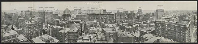 Photo: Postcard shows panoramic city view of Chicago taken from the Insurance Exchange Building. Chicago: Max Rigot; c1912. Prints & Photographs Division.
