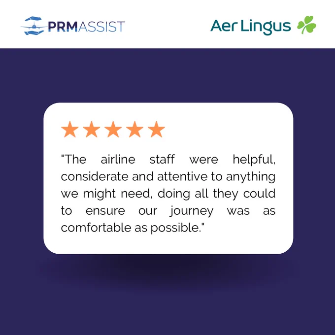Purple background with a white box displaying a 5 star review: “ The airline staff were helpful, considerate and attentive to anything we might need, doing all they could to ensure our journey was as comfortable as possible.”