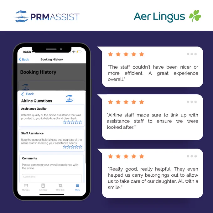 Purple background with a phone displaying the review page on the PRM Assist app. 3 speech boxes display reviews from passengers, each giving Aer Lingus' service 5 stars. 
They read: "The staff couldn't have been nicer or more efficient. A great experience overall."
"Airline staff made sure to link up with assistance staff to ensure we were looked after."
"Really good, really helpful. They even helped us carry belongings out to allow us to take care of our daughter. All with a smile."