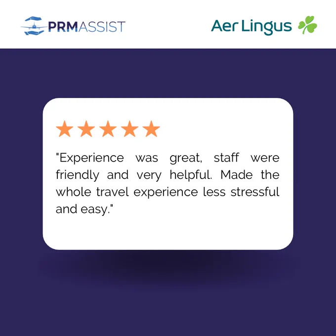 Purple background with a white box displaying a 5 star review: “ Experience was great, staff were friendly and very helpful. Made the whole travel experience less stressful.”