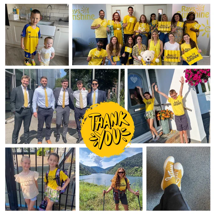 A collage of our supporters wearing yellow items of clothing, including t-shirts, dresses, socks, shoes and ties. There is a thank you sticker on the collage.