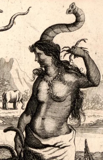 Detail showing torso of woman. She's holding a scorpion in her hand and an elephant trunk is coming out of the top of her head and curving around. An elephant stands in front of a mountain in the background
