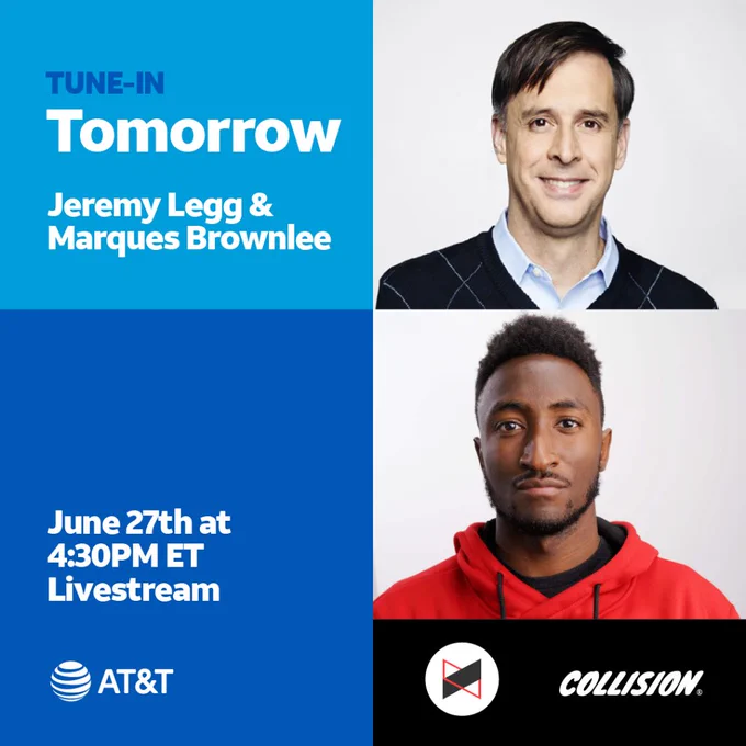 Image featuring headshots of Jeremy Legg and Marques Brownlee. White text over blue background says, Tune-In Tomorrow: Jeremy Legg & Marques Brownlee June 27th at 4:30PM ET Livestream