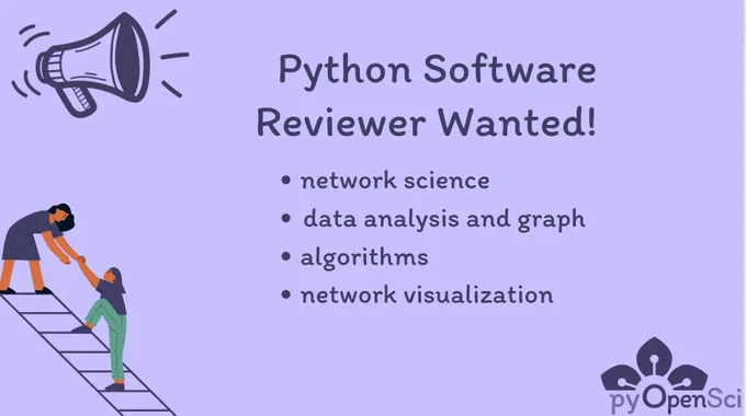 Image with a light purple background and an announcement graphic on the left hand side. the text says Python Software Reviewer Wanted! then in bullets under it says: network science, data analysis and graphs, algorithms network visualization. the pyopensci logo in the bottom right corner