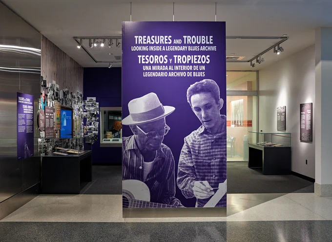 Image of “Treasures and Trouble: Looking Inside a Legendary Blues Archive” display showing various objects on display