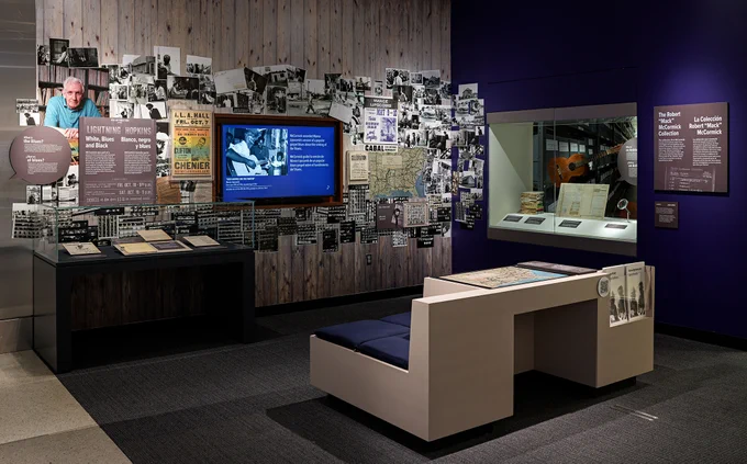 Image of “Treasures and Trouble: Looking Inside a Legendary Blues Archive” display showing various objects on display