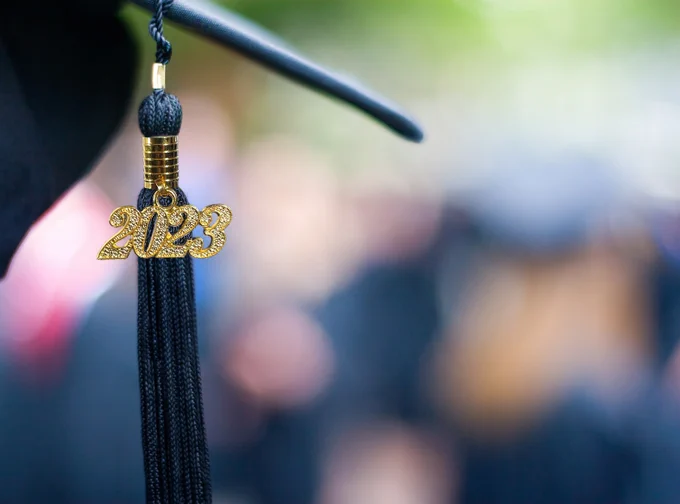 Close-up of a 2023 graduation tassel at a graduation ceremony