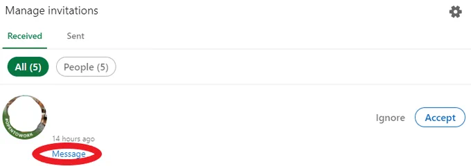 Image: Screen capture of LinkedIn Invitation Manager showing the Message link, highlighted