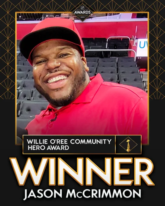 Top: 2023 NHL Awards logo
Middle: photo of Jason McCrimmon.
Below the photo in white text on a black rectangle with a gold outline, "Willie O'Ree Community Hero Award" with a cutout of the trophy beside.
At the bottom in large white text, "Winner, Jason McCrimmon"