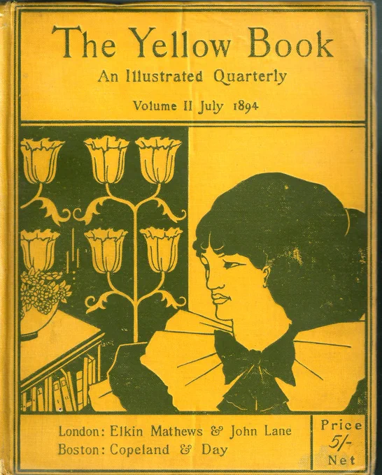 Aubrey Beardley's design of a boldly dressed "New Woman" by her bookcase with Art Nouveau-ish light fitments behind her, a black line drawing on a deep yellow background