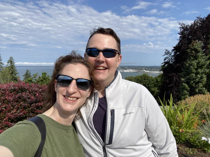 Selfie of Sierra and Erik with Bellingham Bay in the background