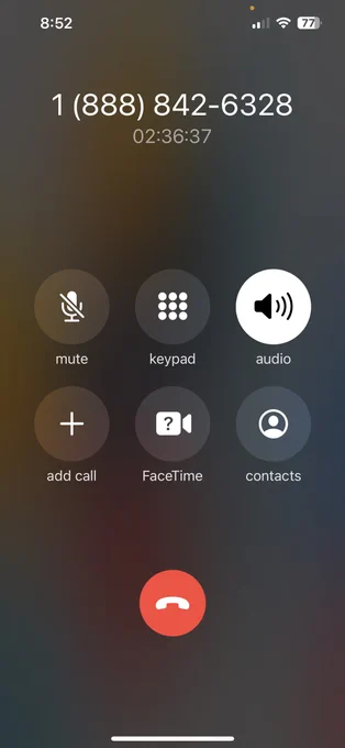 Screenshot of phone call that has been on hold for 2 hours, 36 minutes, and thirty seven seconds.