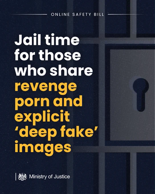 A dark blue background featuring the shadow of prison bars and a lock. Text across the top says 'Jail time for those who share revenge porn and explicit 'deep fake' images'.