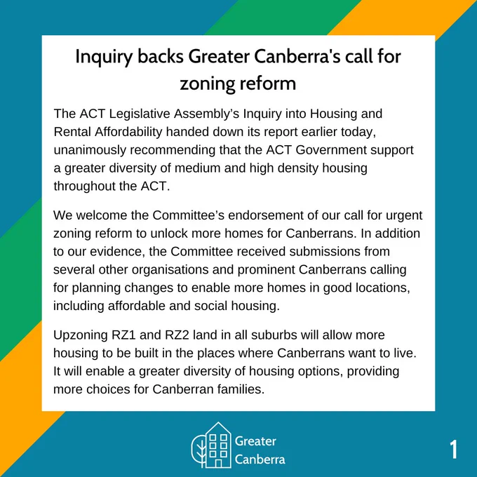 The ACT Legislative Assembly’s Inquiry into Housing and Rental Affordability handed down its report earlier today, unanimously recommending that the ACT Government support a greater diversity of medium and high density housing throughout the ACT.  We welcome the Committee’s endorsement of our call for urgent zoning reform to unlock more homes for Canberrans. In addition to our evidence, the Committee received submissions from several other organisations and prominent Canberrans calling for planning changes to enable more homes in good locations, including affordable and social housing.  Upzoning RZ1 and RZ2 land in all suburbs will allow more housing to be built in the places where Canberrans want to live. It will enable a greater diversity of housing options, providing more choices for Canberran families.