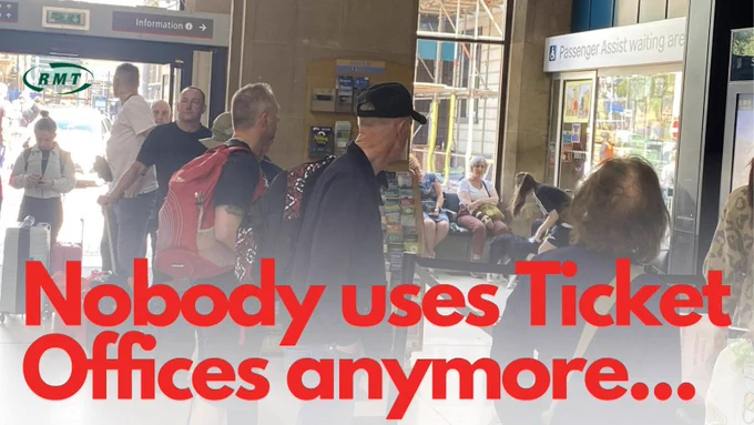 🎫 SAVE TICKET OFFICES
Ticket offices don't just sell tickets.
Passengers value advice, assistance and accessibility and a place of safety.
Please RT and follow @RMTunion to support our campaign to #SaveTicketOffices & #StaffOurStations 