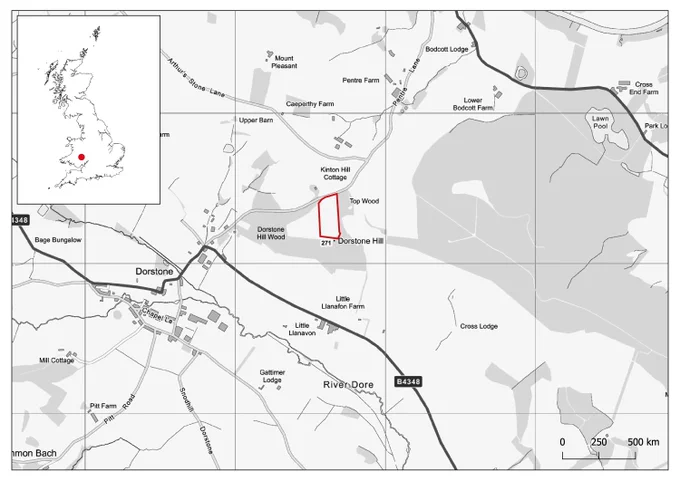 Map showing Dorstone Hill in its landscape. Inlay: Map of Britain, showing Dorstone Hilll's location on the Welsh border