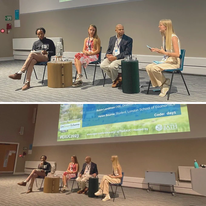 Collage of two photos showing panel for Justice and Inclusion Plenary taking place