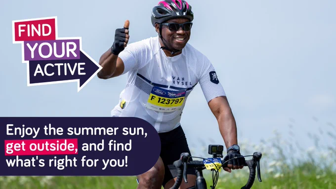 Pictured is a man on a bike with a helmet and doing a 'thumbs up'. It states: find your active.
