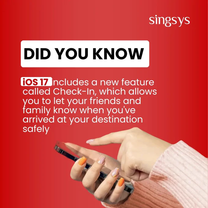 Introducing iOS 17's Check-In: Your Safety, Amplified!
 
Unveiling an incredible innovation that goes beyond ordinary expectations! With the revolutionary iOS 17, Apple introduces a groundbreaking feature known as Check-In, designed to enhance your overall safety and keep your loved ones worry-free. Learn more in our latest blog post and unlock a world of worry-free adventures.

Read our blog to make an informed decision.
https://bit.ly/43X47ln


#innovation #safety #ios #iosappdevelopmentcompany #Singsys