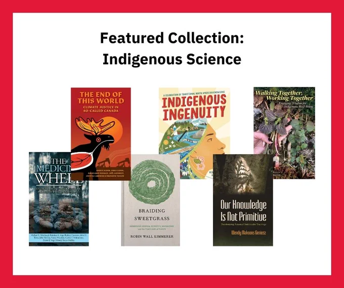 A collage of six book covers from the Indigenous science collection.