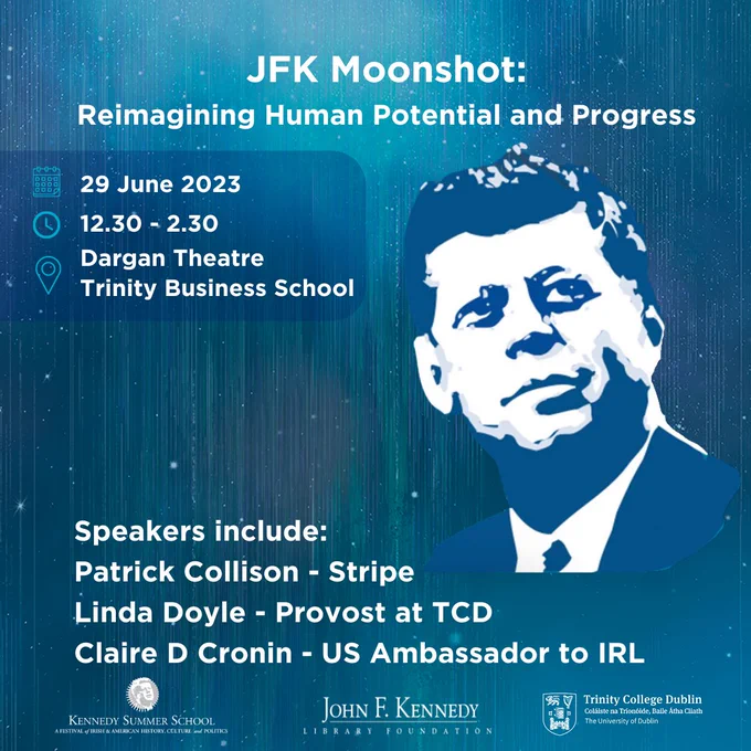 Blue graphic with image of JFK  and detail of event 