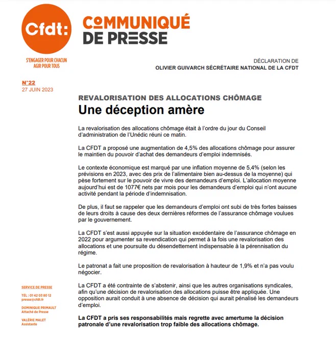 Communiqué de presse de la CFDT publié le 27 juin 2023. Revalorisation des allocations chômage. Une déception amère. 
