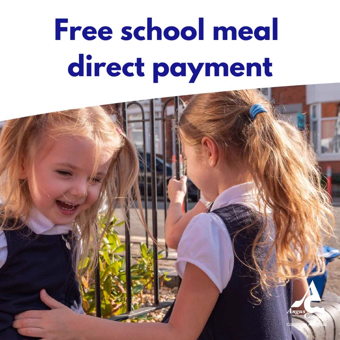 two girls in school uniform laughing with each other and text above free school meal direct payment