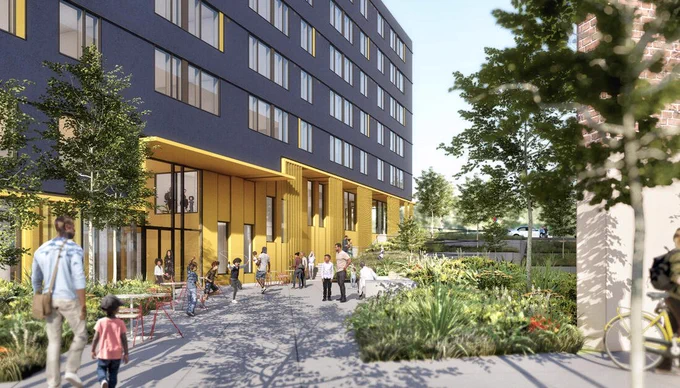 Ground level rendering of Albina One, taken the entry plaza that will be located between the new building and the existing Paramount Apartments