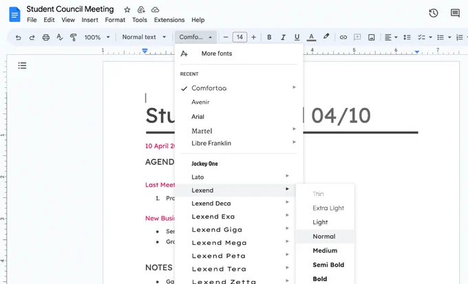 Static image showing Lexend fonts in a Google Doc.