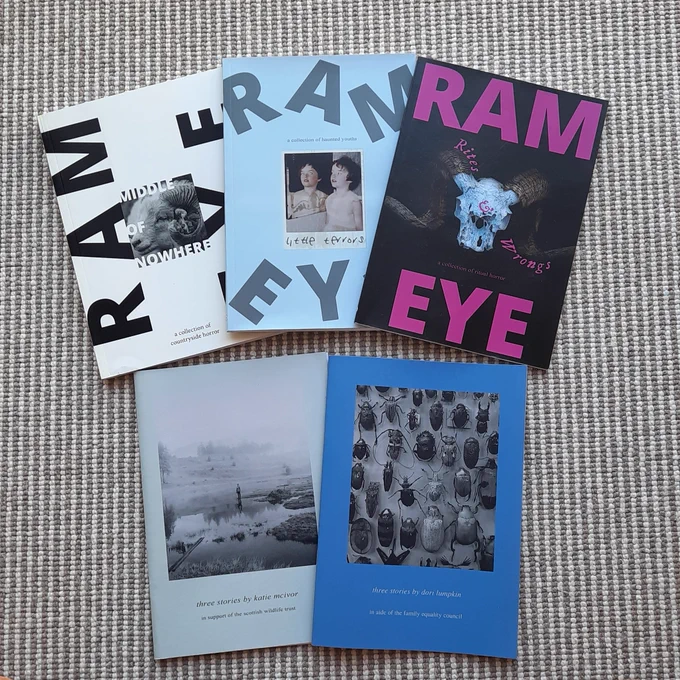The five Ram Eye publications spread out on a carpet. Top Row (L-R): Middle of Nowhere, Little Terrors, Rites & Wrongs. Bottom Row (L-R) Three Stories by Katie McIvor, Three Stories by Dori Lumpkin