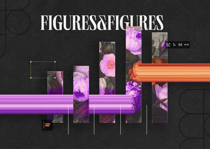 Decorative vintage flowery bar chart layered with pixels and Figma UI Icons.