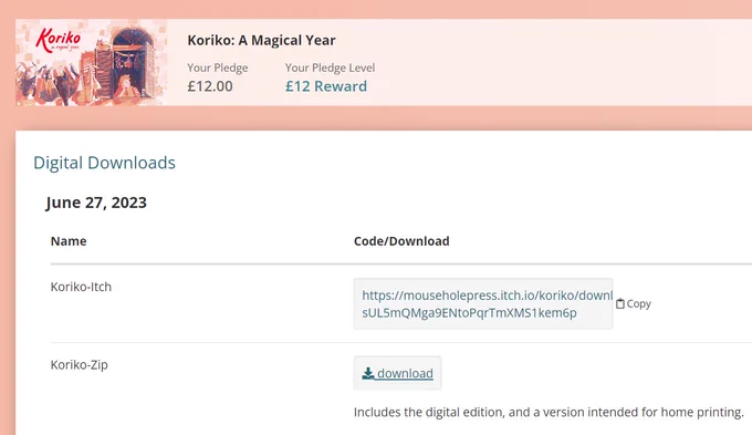 digital download page for Koriko: A Magical Year game
