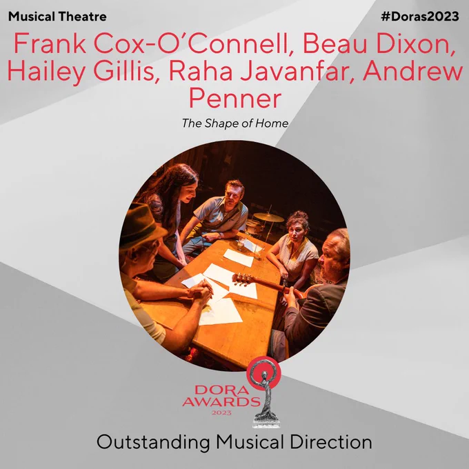 An image announcing that Frank Cox-O'Connell, Beau Dixon, Hailey Gillis, Raha Javanfar, and Andrew Penner are the recipients of the Outstanding Musical Direction award in the Musical category at the 2023 Dora Awards.
The image background is various grey triangles with a backstage photo in a circular frame. There is a red Dora Awards logo, beside a Dora Statuette directly underneath the image. In the top right hand corner is the hashtag #Doras2023