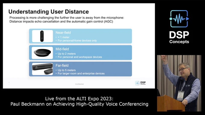 Live from the ALTI Expo 2023: Watch Paul Beckmann Explain How to Achieve High-Quality Voice Conferencing

Voice conferencing products are notoriously difficult to build. Even relatively basic designs require hours of testing and tuning to achieve a satisfying user experience. More advanced designs with microphone arrays and satellite microphones present tricky issues at both the hardware and software levels. In this talk, filmed live at the ALTI Expo 2023, DSP Concepts CTO Paul Beckmann discusses the challenges in making high-quality conferencing products and the key steps to achieving differentiation.

How do you greet somebody on a conference call? You say, "can you hear me?!" A good call experience requires natural sounding voices, seamless double-talk, flawless far-field pick-up, imperceptible noise reduction, level management, and more. Multiple processing functions need to work together to achieve this demanding level of performance. In this illuminating and entertaining webinar,
