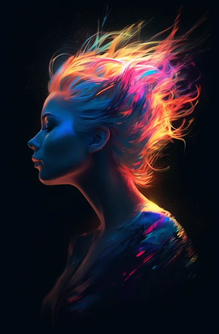 an image of a woman wearing neon hair in an abstract style on a black background, in the style of tj drysdale, silhouette lighting, john pitre, colorful vibrations, serene faces, linnea strid, 8k 3d --ar 66:101 --v 5.1