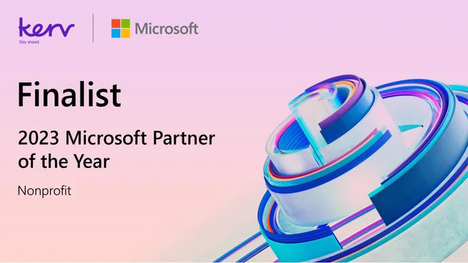 A light pink background with half circular shapes on the right side of the image. The left side has text that reads "Finalist 2023 Microsoft Partner of the Year" 