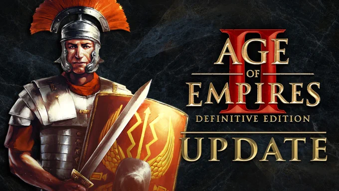 An Age of Empires II: Definitive Edition update announcement. A crop of the central figure from the Age of Empires II: Definitive Edition — Return of Rome retail key art, Trajan, a man wearing metal armor, a brick red short-sleeved tunic, and a plumed Roman helmet against a black marble background. Trajan carries a short sword and a legionnaire scutum. The Age of Empires II: Definitive Edition logo is printed to the right. The text on the graphic reads: "Update".