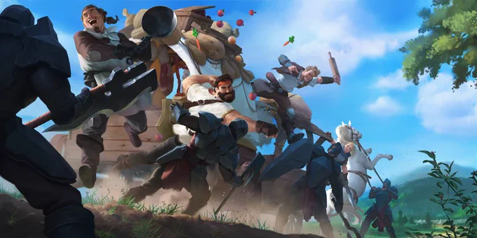 Card art for the War Chefs card. Several adventurous chefs battle soldiers approaching their wagon. Food and supplies fly from the wagon in the scuffle. One chef leaps into action with a frying pan, another wielding a rolling pin. Dust blooms from under the wagon.