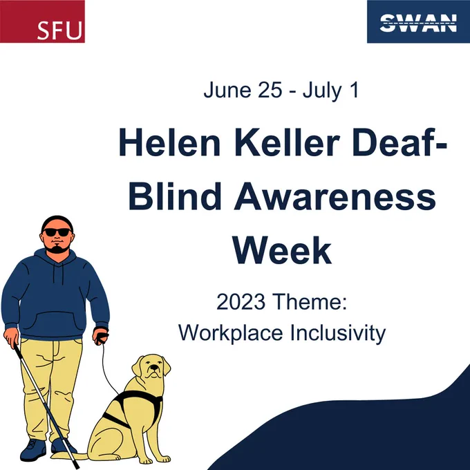 Man wearing sunglasses holding a white cane with his right hand and holding a yellow guide dog with his left hand. Big blue text says Helen Keller DeafBlind Awareness Week. Smaller blue words above big blue text says June 25 - July 1. Smaller blue text below big blue text says 2023 theme: workplace inclusivity. The Simon Fraser University is located on the bottom left and the SWAN Project logo is located on the bottom right.
